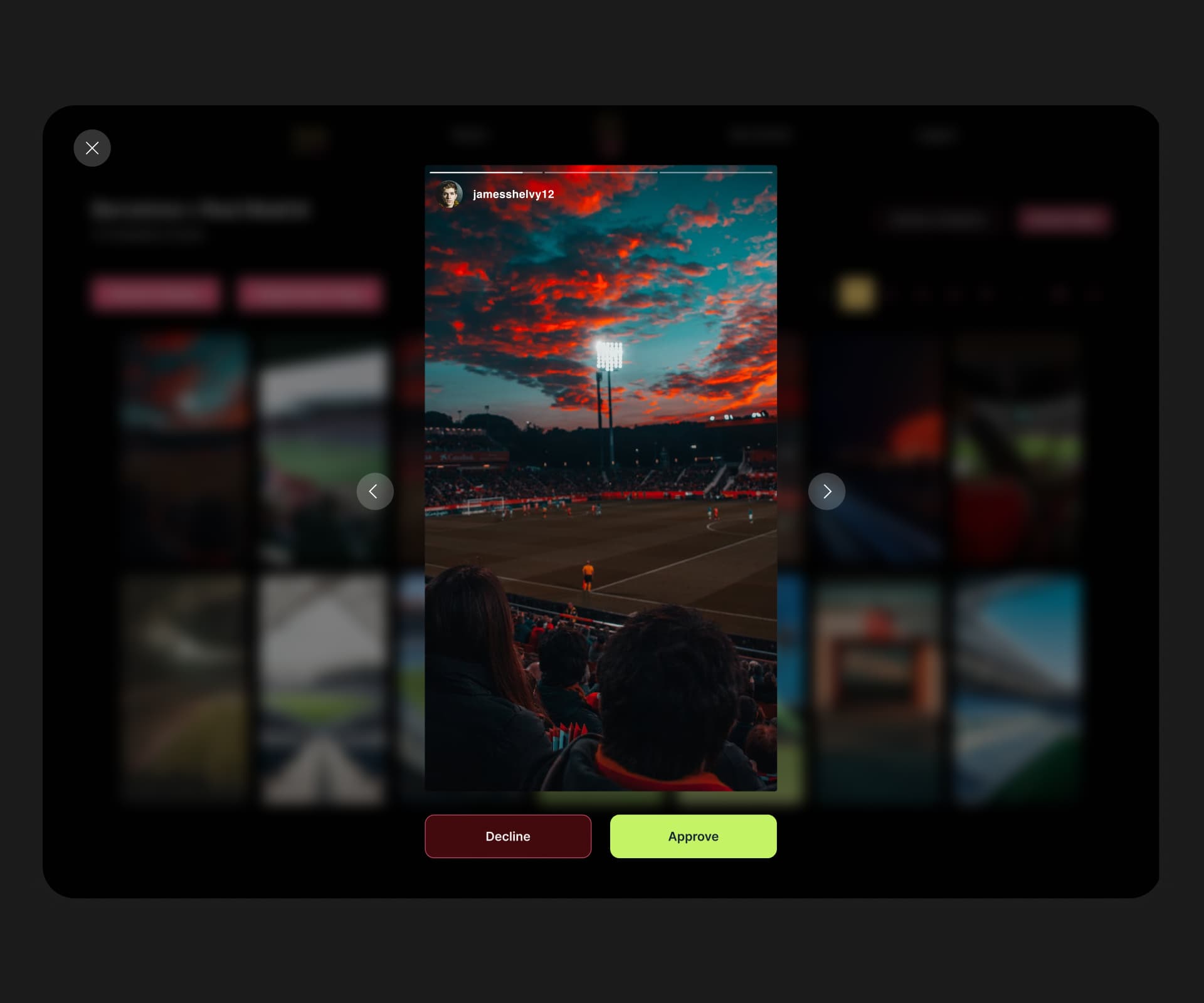 Dedicated lightbox to avoid visual load while approving stories.<br/><br/> Navigation buttons to approve multiple stories quickly without leaving the lightbox.