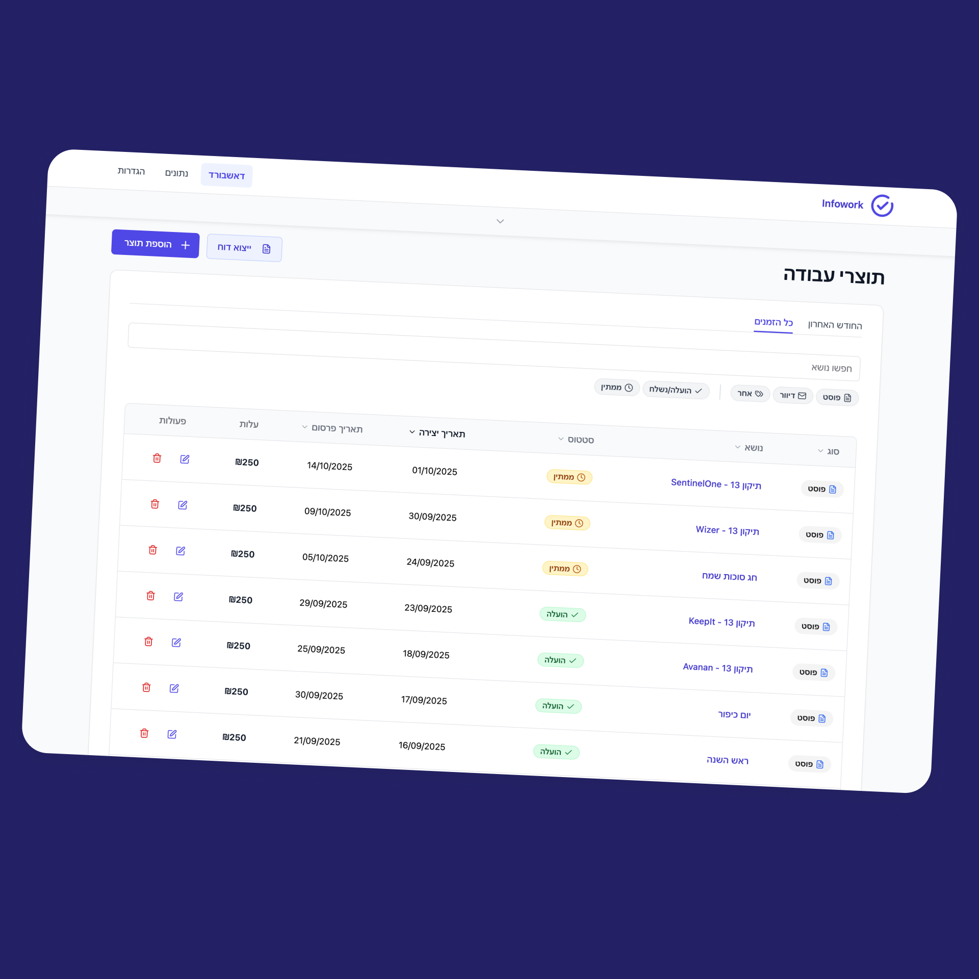 Clean table for scanning data fast<br/><br/>Tags by type and status for quick filtering<br/><br/>Tabs to switch between all work or just this month<br/><br/>Highlighted cost column to easily track incomes