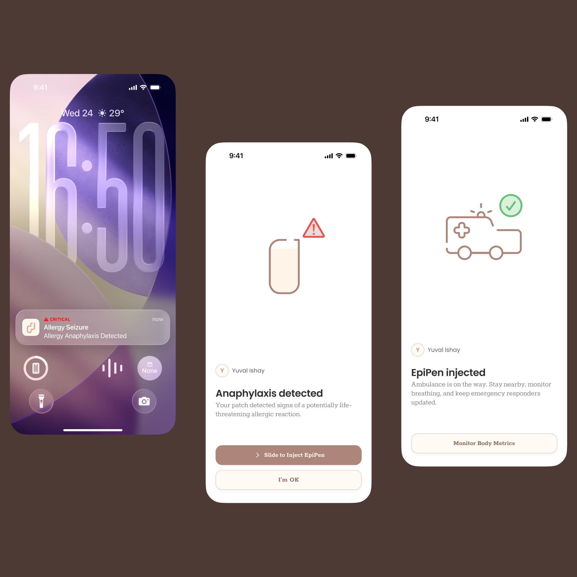 Using iOS Critical Alerts to ensure an anaphylactic reaction is never missed.<br><br> Slide to Inject button makes sure the user doesn't inject accidentally. <br><br>First responders are automatically alerted as soon as the user injects.